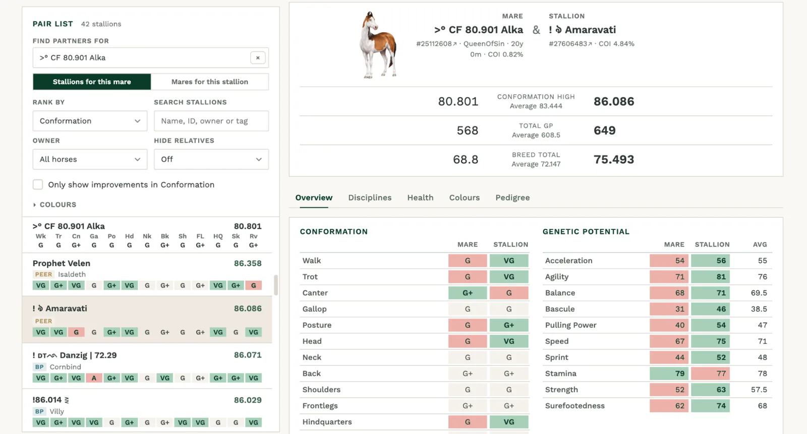 The pair list, ranked by conformation score, alongside the pair sheet.