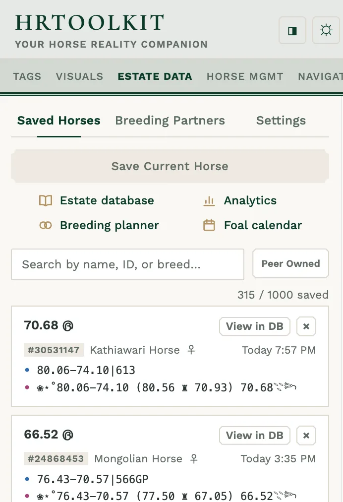 The saved horses list. Each entry shows the key stats at a glance, including a "peer" badge for horses that aren't yours (or BP for your breeding partners' horses).