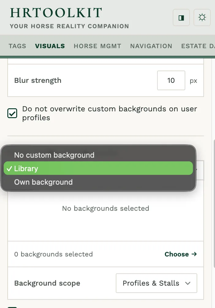 Use the dropdowns to turn custom backgrounds on and off. Settings are not accessible unless toggled on.