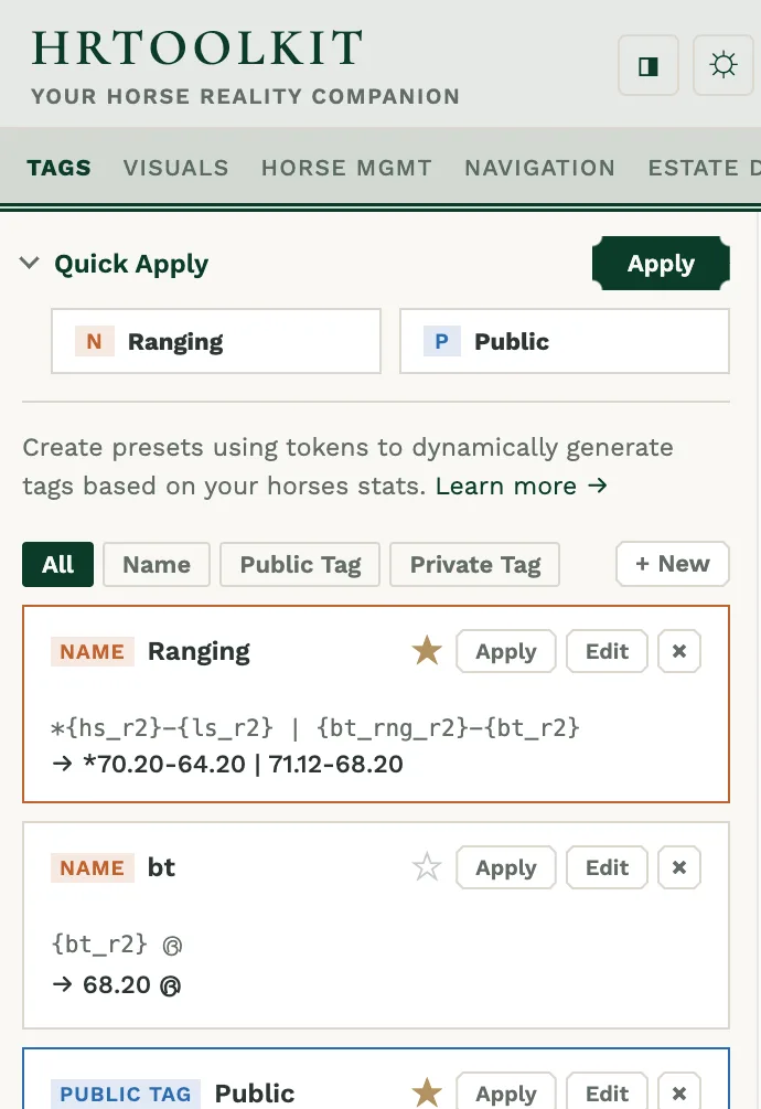 By favouriting (via the stars) you can select a name and public tag in the quick apply slots so you can quickly apply both presets at once.