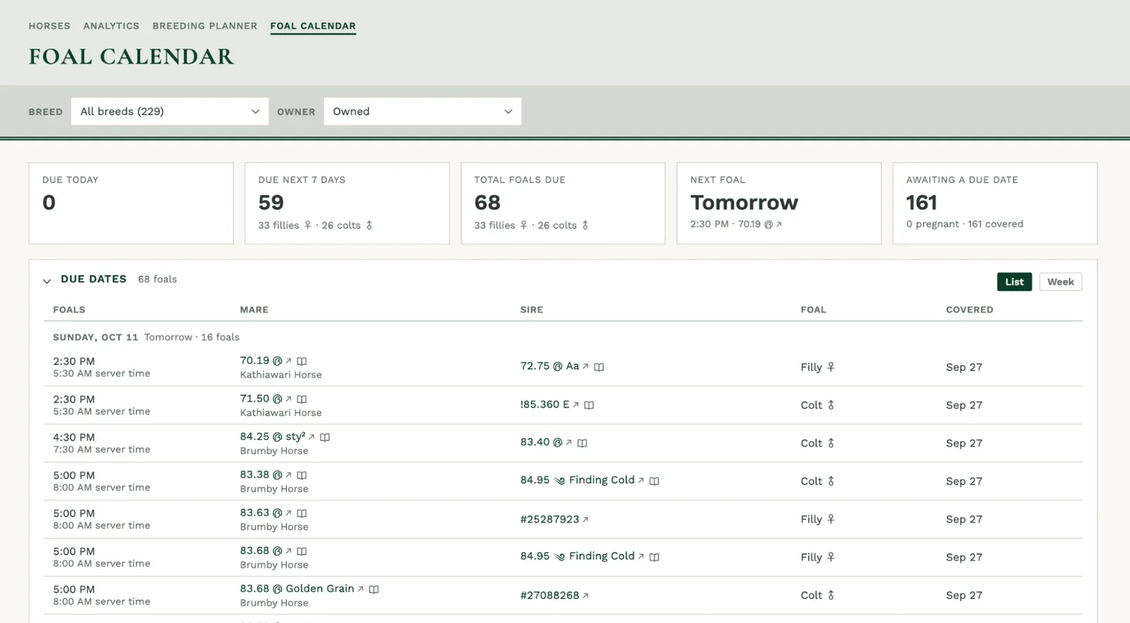 The Foal Calendar list view.