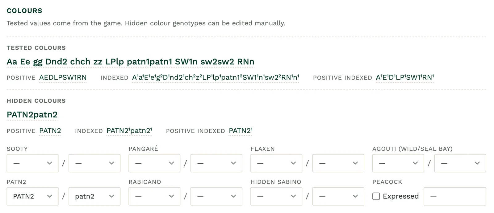 The colour card in the Estate Database lists tested colours and allows you to edit hidden colours.
