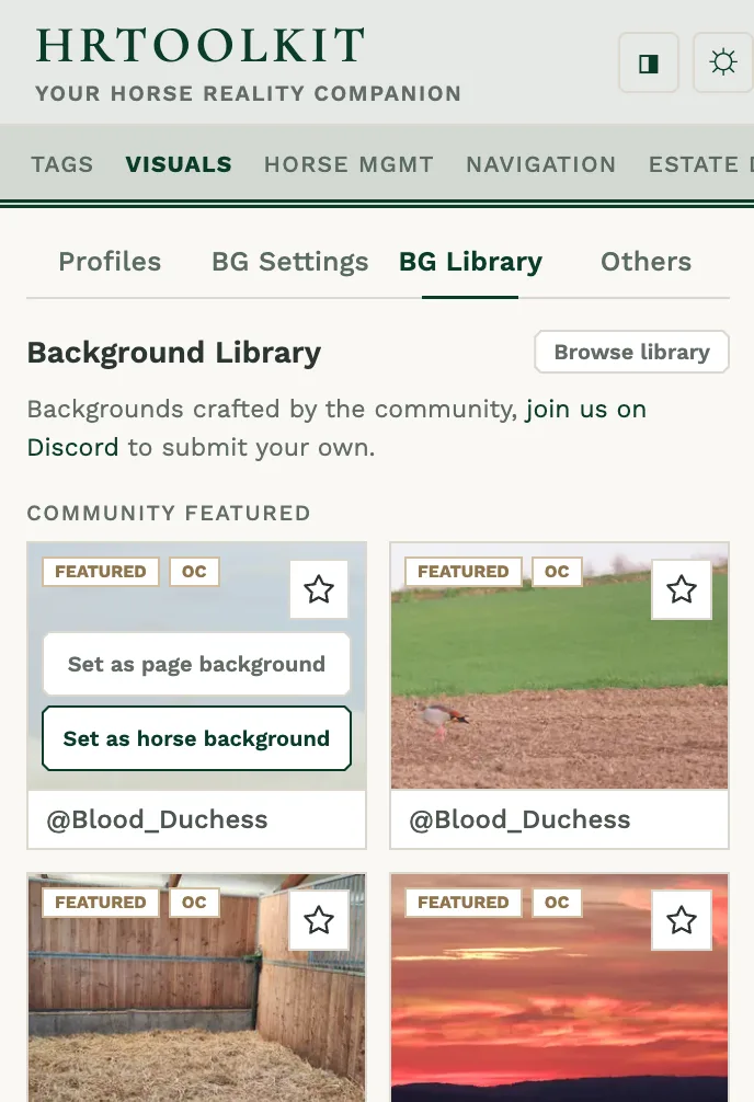 Hover over an image in the library and then click to apply it to your page or horse background. Click ‘browse library’ to see the community background library.