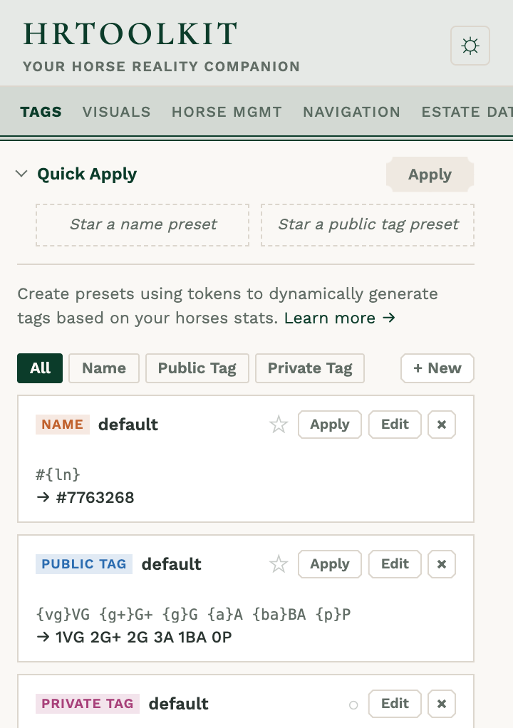 HRToolkit extension with reusable horse name and tag templates